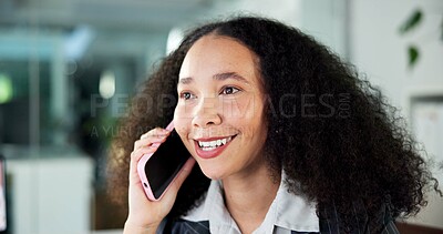 Buy stock photo Media agency, phone call and woman in office, smile and copywriting with online interview. Person, employee or journalist in workplace, cellphone or digital app for communication, creative or talking