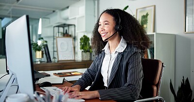 Buy stock photo Happy woman, consultant or typing with headset in call center for customer service or online advice. Female person, friendly agent and talking with smile, mic or technology for virtual assistance