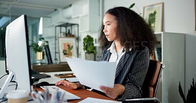 Buy stock photo Documents, computer and businesswoman in office with research for finance review with stock market. Paperwork, technology and female financial manager with investment plan report in workplace.