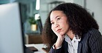 Tired, computer and businesswoman in office with boredom for finance review with deadline. Burnout, fatigue and overworked financial manager with technology for investment proposal in workplace.