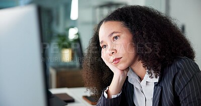Buy stock photo Tired, computer and businesswoman in office with boredom for finance review with deadline. Burnout, fatigue and overworked financial manager with technology for investment proposal in workplace.