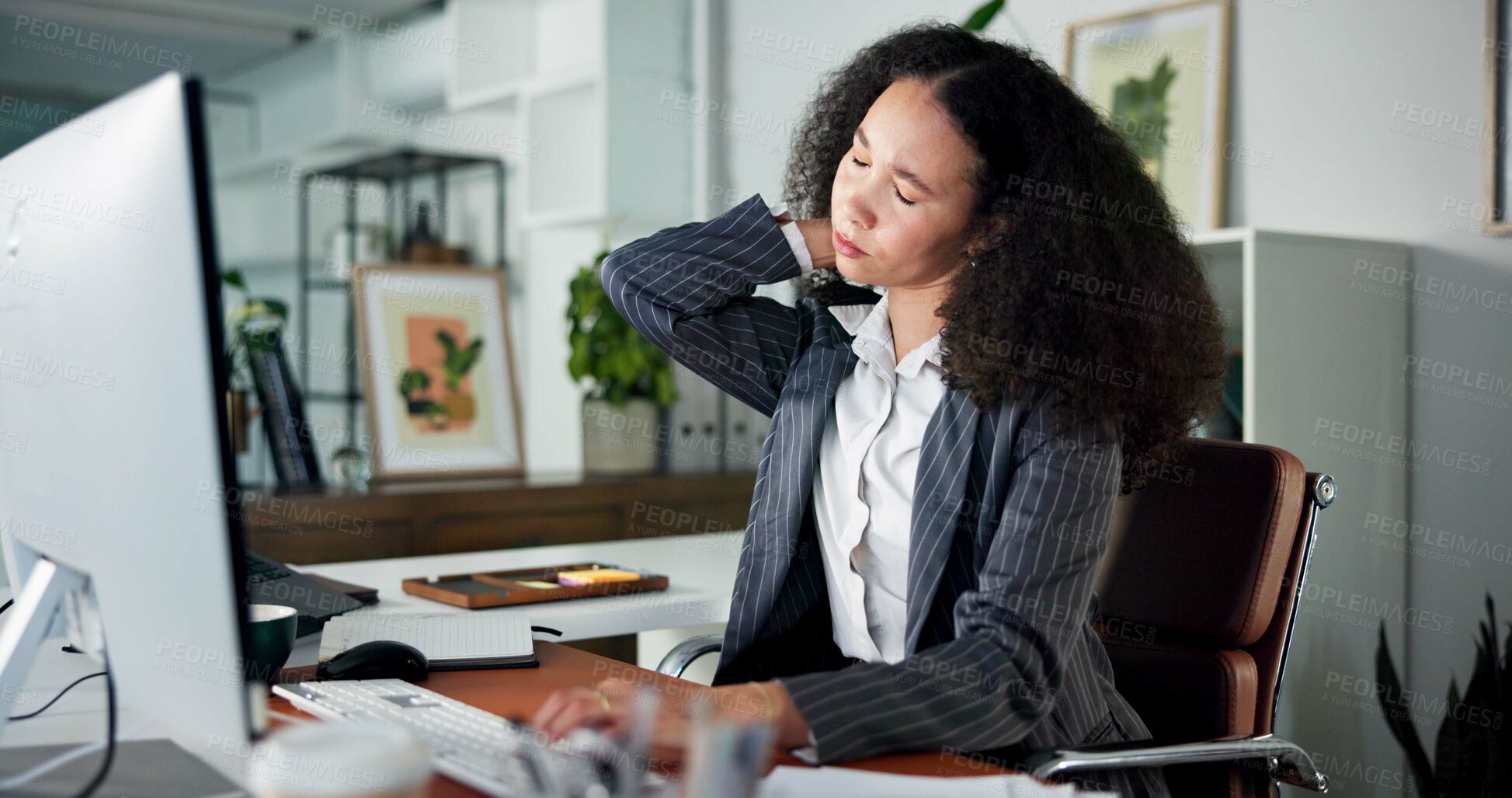 Buy stock photo Woman, computer or massage in office with neck pain from fibromyalgia, muscle ache or finance stress. Financial consultant, person or desktop in business with inflammation, tension and injury relief.