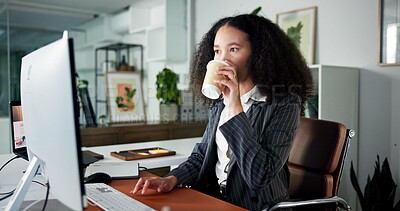 Buy stock photo Business, woman and coffee with computer in office for accounting, finance report and review budget. Female person, beverage and pc for reading email, tax preparation and audit information on company