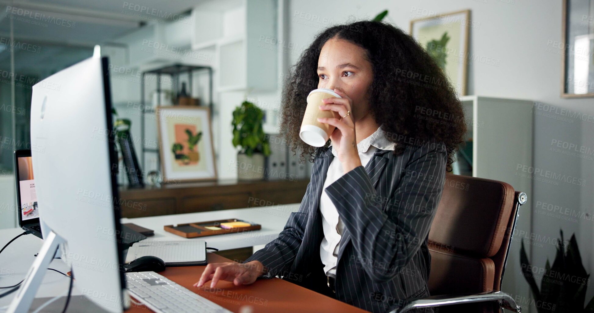Buy stock photo Business, woman and coffee with computer in office for accounting, finance report and review budget. Female person, beverage and pc for reading email, tax preparation and audit information on company