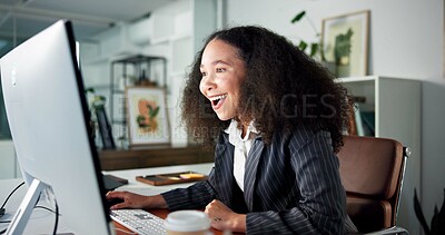 Buy stock photo Happy, computer and businesswoman in office with good news, bonus or job promotion email. Excited, technology and female financial manager with finance investment approval for client in workplace.