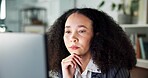 Media agency, thinking and woman in office, computer and copywriting with planning. Person, employee and journalist in workplace, pc and research for article, publication and email for submission