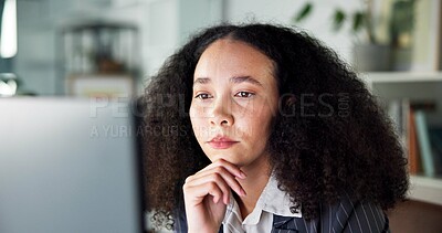Buy stock photo Media agency, thinking and woman in office, computer and copywriting with planning. Person, employee and journalist in workplace, pc and research for article, publication and email for submission