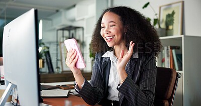 Buy stock photo Business, video call and woman with smartphone, greeting and wave with media agency. Communication, person and journalist in workplace, cellphone and online chatting with virtual interview and app