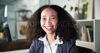 Buy stock photo Woman, portrait and happy in office at startup with pride, confidence and career at media company. Person, writer or journalist with smile for project, article and job at creative agency in Brazil