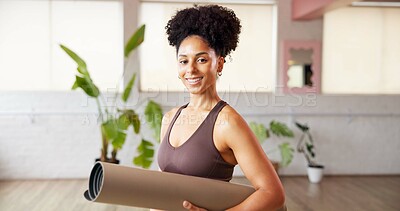 Buy stock photo Mat, pilates and portrait of woman in studio for health, fitness and self care session. Wellness, confidence and holistic exercise with person in yoga class or club for zen, happiness and peace