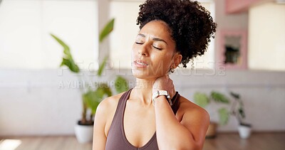 Buy stock photo Woman, discomfort and neck pain in class from pilates accident, inflammation and cramp. African person, ache and spine injury from fitness, muscle sprain and exercise mistake from burnout risk