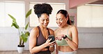 Fitness, women and friends with phone in yoga class for funny post, show meme and laughing. Pilates break, people and smile with smartphone at health club for comic video, humor and exercise gossip