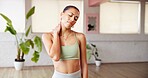 Athlete, woman and discomfort of neck pain from pilates accident, inflammation and cramp. Female person, pressure and spine injury from fitness, muscle sprain and exercise mistake with burnout crisis
