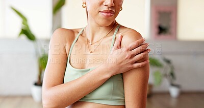 Buy stock photo Hands, woman and discomfort of arm pain from pilates accident, inflammation and cramp. Female person, pressure and shoulder injury from fitness, muscle sprain and exercise mistake with burnout risk
