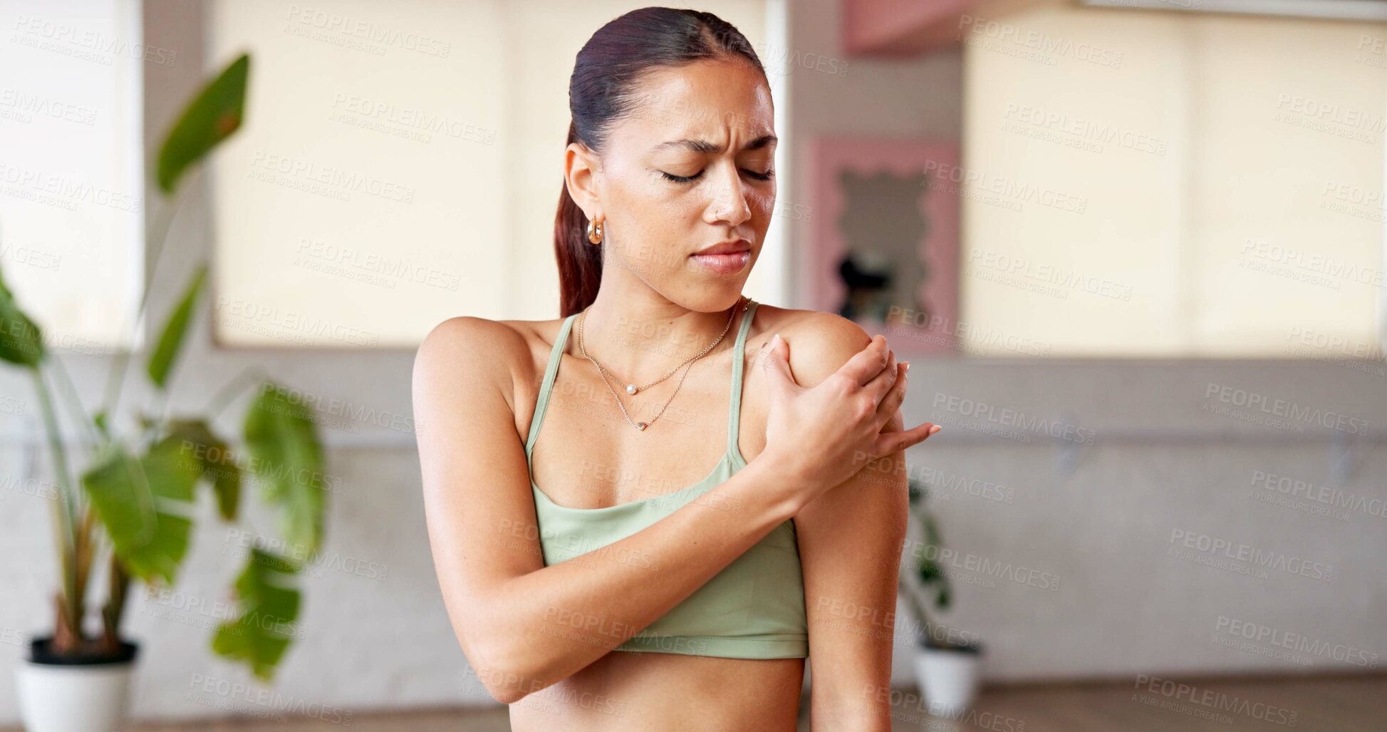 Buy stock photo Athlete, woman and discomfort of shoulder pain from pilates accident, inflammation and cramp. Female person, pressure and arm injury from fitness, muscle sprain and exercise mistake with burnout risk