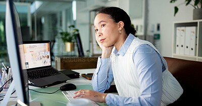 Buy stock photo Media agency, thinking and woman with computer, internet and online reading with email for submission. Person, publication or journalist with copywriting, wonder or pc with magazine website or choice