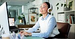 Happy woman, typing or listening with headphones for music, audio streaming or podcast in office. Female person, administrator or vibe with smile for sound playlist, tune or software app in workplace