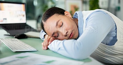 Buy stock photo Business woman, sleeping or computer with rest for fatigue, burnout or procrastination in office. Tired, female person or employee asleep with snooze, nap or break for bored, lazy or unproductive day