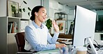 Video call, wave or woman in office with earphones, networking or introduction in client chat. Smile, hello or consultant in agency with tech, online meeting or report update for stakeholder.