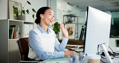 Buy stock photo Video call, wave or woman in office with earphones, networking or introduction in client chat. Smile, hello or consultant in agency with tech, online meeting or report update for stakeholder.