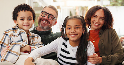 Buy stock photo Happy, home and portrait of parents with children on sofa for connection, relationship or bonding. Interracial family, love and kids with mom, dad and smile for trust, support or relax in living room