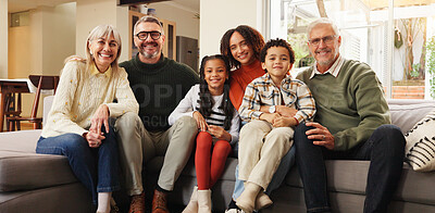 Buy stock photo Grandparents, parents and children on sofa for portrait in home for love, relationship or bonding. Interracial family, generations and kids with mom, dad and senior people for trust, support or relax