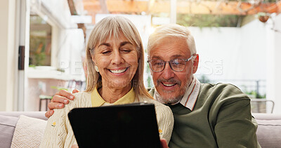 Buy stock photo Tablet, happy and senior couple on sofa in home watching film, series or show together. Relax, digital technology and elderly man with woman for streaming movie on app in living room at house.