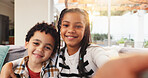 Portrait, sibling and child in home with selfie, digital memory or bonding together on weekend break. Flare, POV and family in house with smile, connection and social media post on summer vacation.