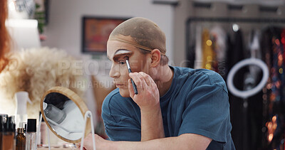 Buy stock photo Drag artist, makeup and mirror in dressing room for stage preparation, identity and glamour. Person, cosmetic transformation or backstage for beauty, self expression and creative alter ego with brush