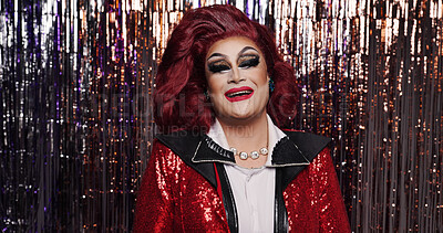 Buy stock photo Portrait, drag performer and streamer decoration with makeup for transformation, beauty and happiness. LGBTQ, person and artist with creative expression, alter ego and identity on curtain backdrop.