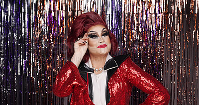 Buy stock photo Thinking, drag artist or streamer decoration with makeup for transformation, beauty and performance. LGBTQ, person or performer with thought for creativity, alter ego or identity on curtain backdrop.