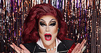 Portrait, surprise and drag queen with beauty, reaction and announcement with night club. Makeup, emoji and lgbt person with identity, performance and cosmetics with confidence, artist and expression