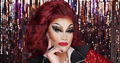 Buy stock photo Portrait, drag or artist at streamer decoration for makeup transformation, alter ego or performance. LGBTQ, person or performer with beauty, creative expression and individuality on curtain backdrop.