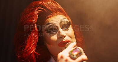 Buy stock photo Person, drag performer and sing with mic for performance, hosting show and lip sync event. Artist, spotlight and acting for live entertainment, theater club and unique character for nightlife talent