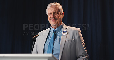 Buy stock photo Portrait, politician and man with speech, press conference and smile with announcement. Happy, mature person or speaker with official event, vote or legislator with policy update, activism or seminar