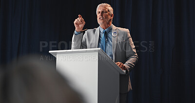 Buy stock photo Confidence, politician and man with speech, press conference and podium with announcement. Seminar, mature person or speaker with official event, vote or legislator with policy update and convention