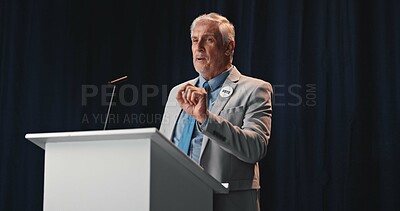 Buy stock photo Talking, politician and man with speech, press conference and activism with announcement. Happy, mature person or speaker with official event, vote or legislator with policy update, podium or seminar