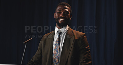 Buy stock photo Black man, speaker and portrait with mic for congress, country speech or political statement on podium. Event, male person or African politician with smile for government pitch, democracy or election