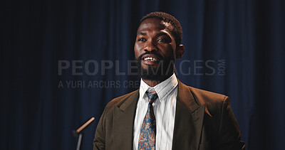 Buy stock photo Black man, speaker and convention with mic for speech, congress or political statement on podium. Event, male person or African politician with seminar for government pitch, democracy or election