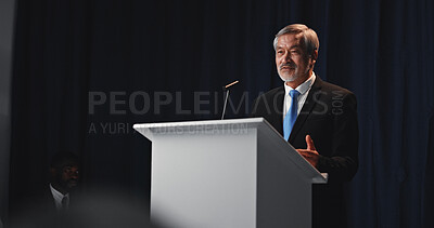 Buy stock photo Speaker, mature man and politician with mic for election, democracy or political campaign. Speech, greeting and podium at conference, meeting or seminar event for vote or activism at convention