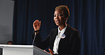 Election, politician or black woman at podium with mic, democratic process or candidate speech at debate. Campaign message, persuasion or speaker with call to action, voter trust or public engagement