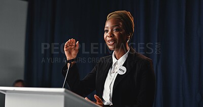 Buy stock photo Election, politician or black woman at podium with mic, democratic process or candidate speech at debate. Campaign message, persuasion or speaker with call to action, voter trust or public engagement
