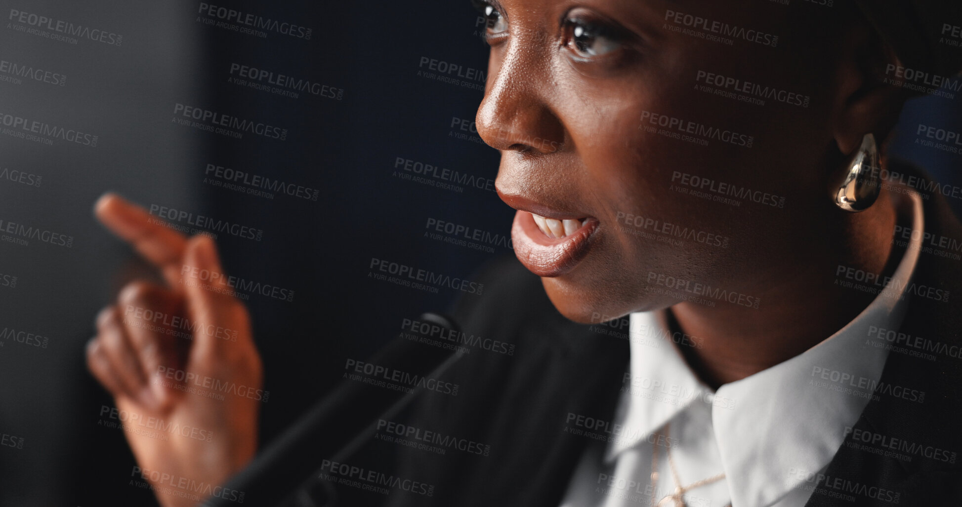 Buy stock photo Speech, black woman and politician with microphone for election, mayor press conference and vote. Confident, female person or speaker at political rally for government campaign, policy or leadership.
