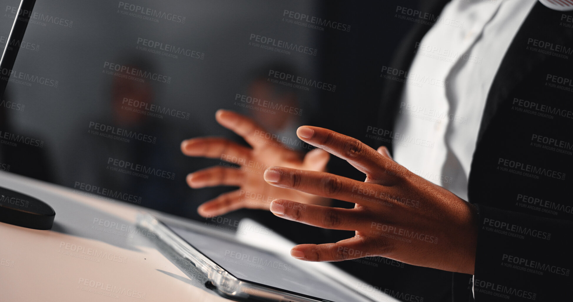 Buy stock photo Election, tablet and hands of person on podium with mic for democratic speech at debate. Campaign, digital technology and political speaker with announcement at press conference for vote at seminar.