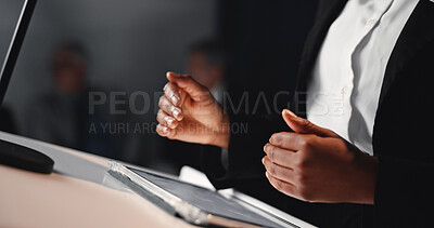 Buy stock photo Election, tablet and hands of candidate on podium with mic for democratic speech at debate. Campaign, digital technology and political person with announcement at press conference for vote at seminar