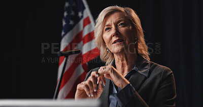 Buy stock photo Politician, speech and woman with American flag with mic for election, debate or voting campaign. Government, candidate and mature person on stage for press conference, political event or delegation