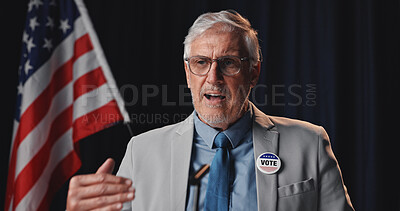 Buy stock photo Mature man, speaker and speech with american flag for global economic change, vote or opportunity. Male person, diplomat or political congress with mic for public relations or national election