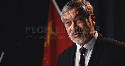 Buy stock photo Talking, politician and man with announcement, podium and stage for election, democracy and pride. Mature person, presentation and speaker with feedback, public speaking and convention in Vietnam