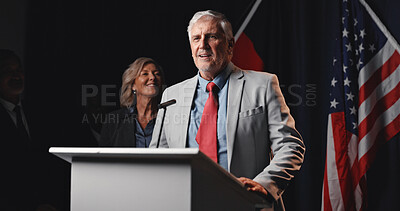 Buy stock photo Mature man, speaker and podium with american flag for global economic change, politics or elections. Male person, diplomat or politician with mic for public relations or national speech in USA