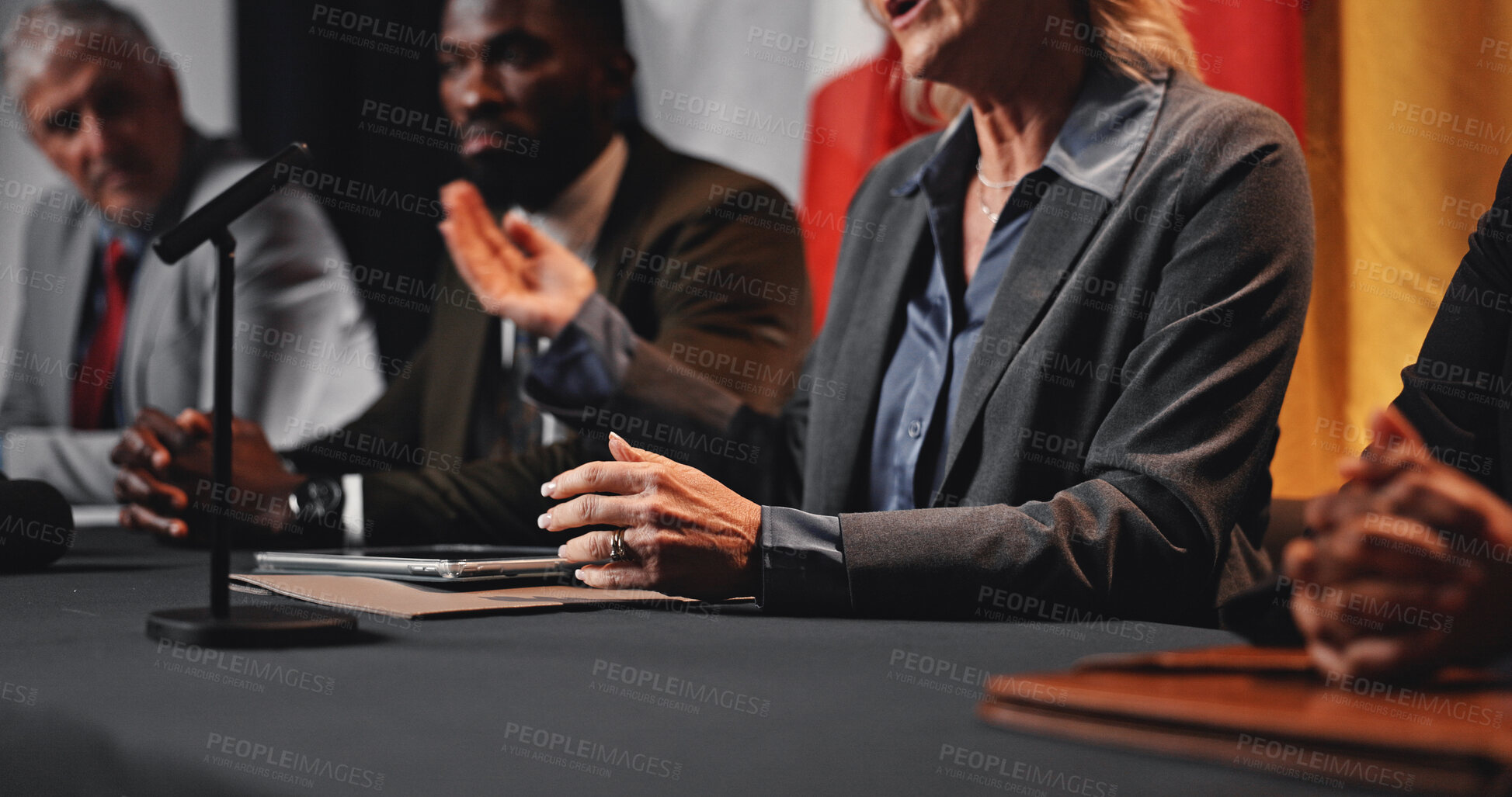 Buy stock photo Politics, hands and woman with speech at press conference for campaign update, delegation or feedback. Global forum, government panel or speaker with discussion for policy decision or media relations